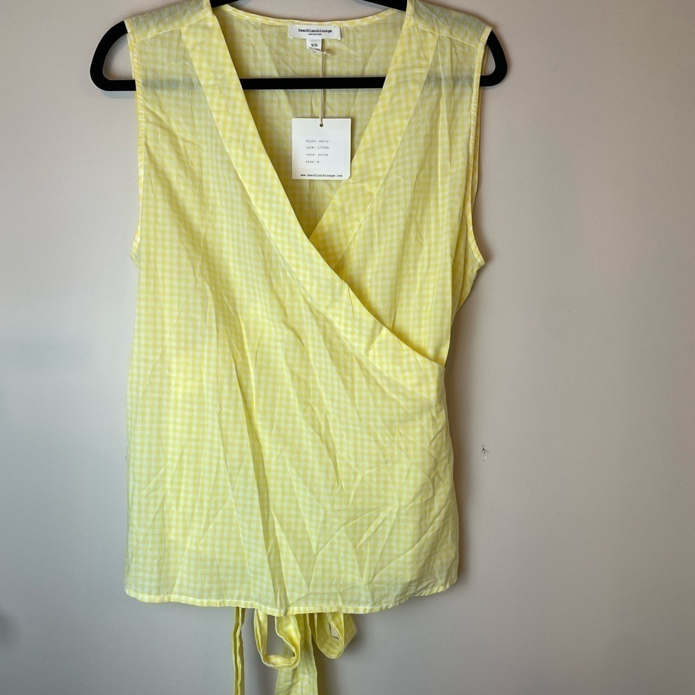 Beach lunch lounge Size M Blouse Faux Wrap Sash Sleeveless Yellow Gingham V Neck